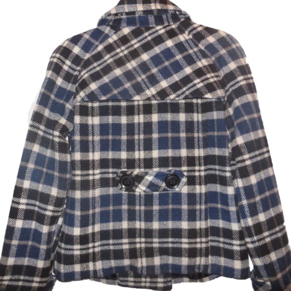 Pea Coat MEDIUM Wool Blend Navy Blue Plaid Winter Jacket - Picture 4 of 7